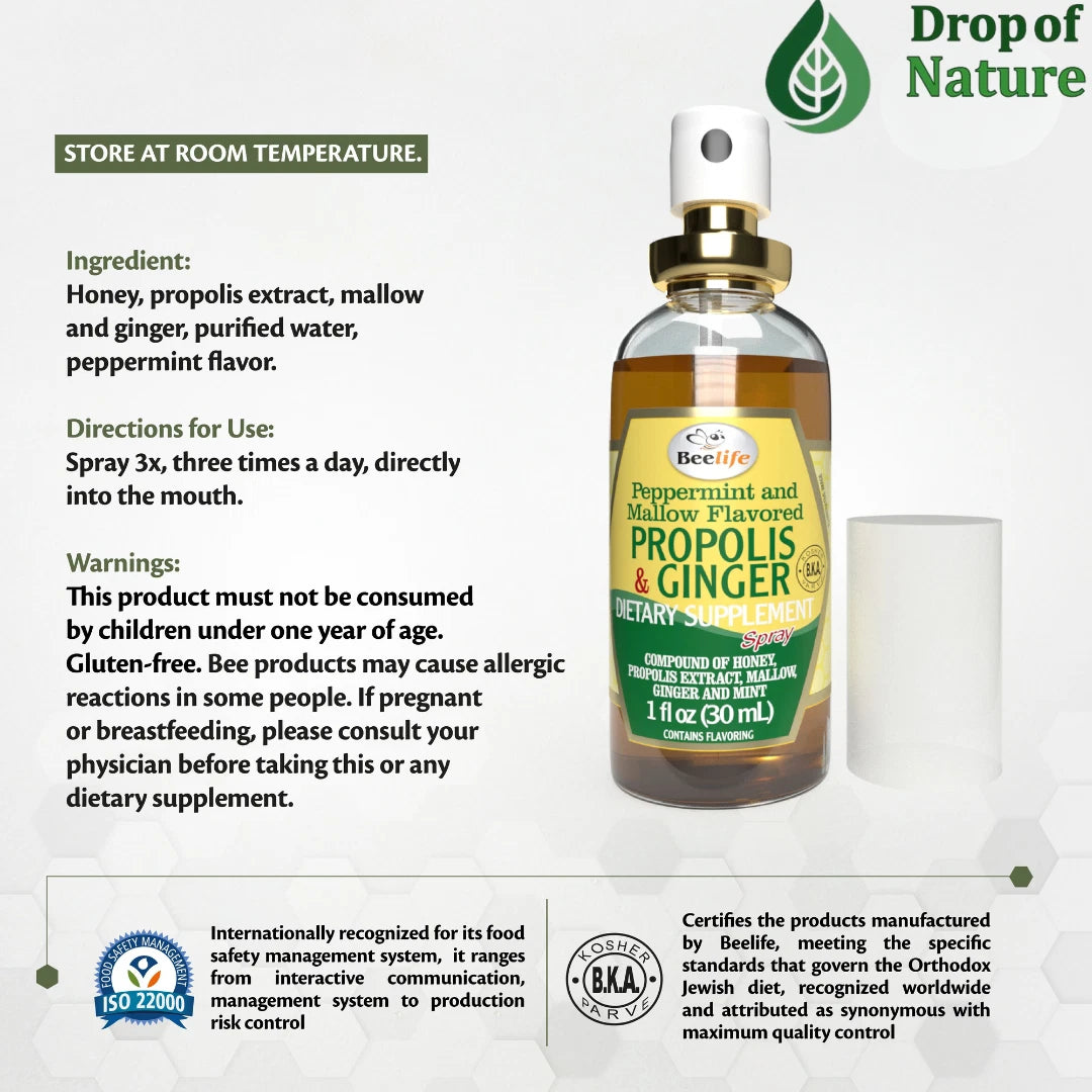 Bottle of BeeLife Propolis and Mallow Flavored Dietary Supplement with label and product details on a white background.