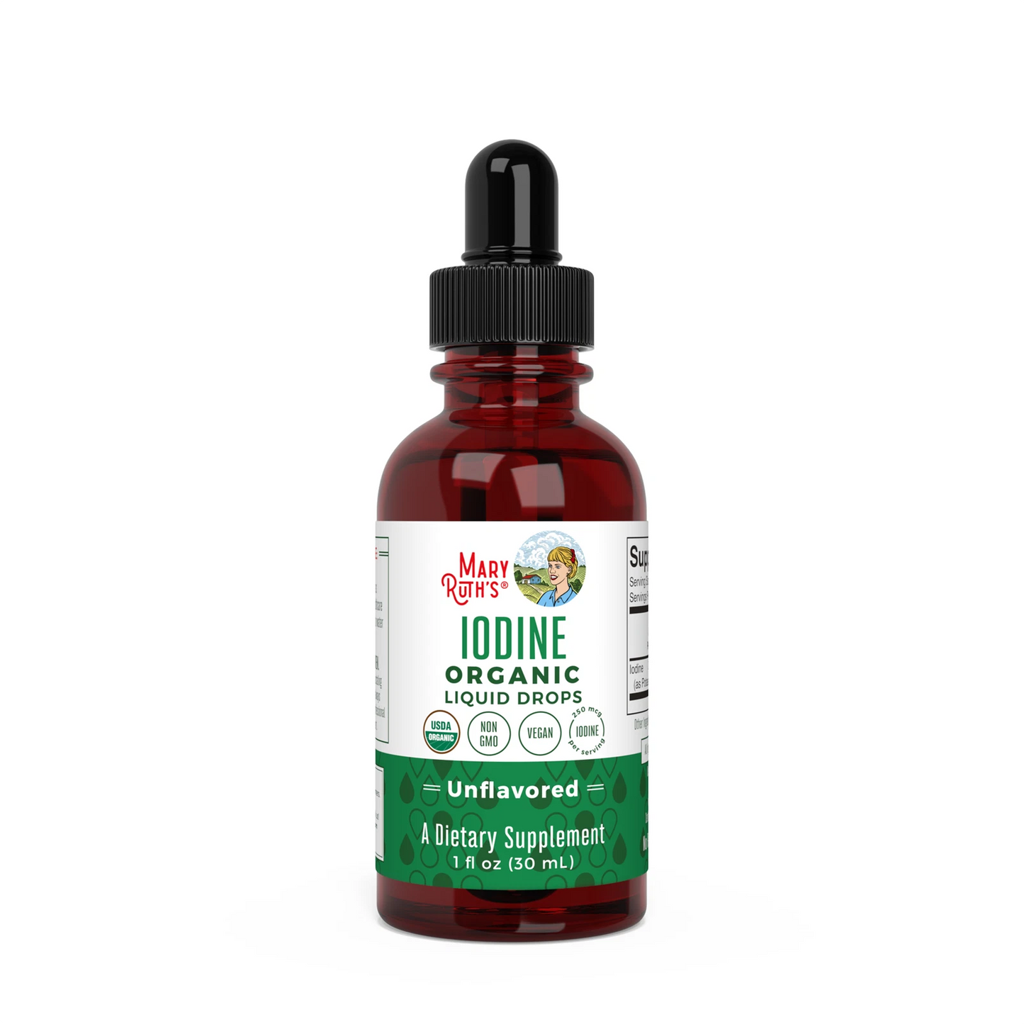 Bottle of Mary Ritter's Iodine Organic Liquid Drops on a white background