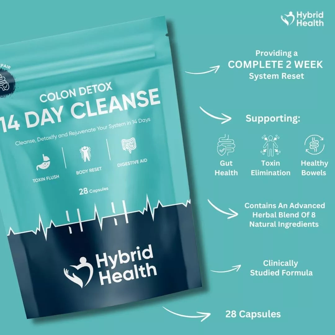 14 Day Cleanse package by Hybrid Health on a teal background