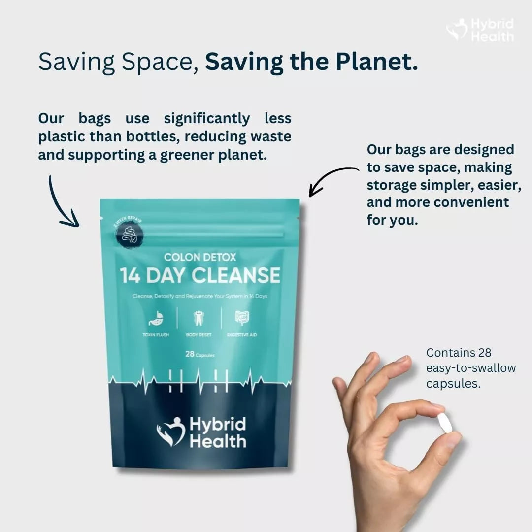 Hybrid Health Colon Detox 14 Day Cleanse package with text about sustainability and convenience.
