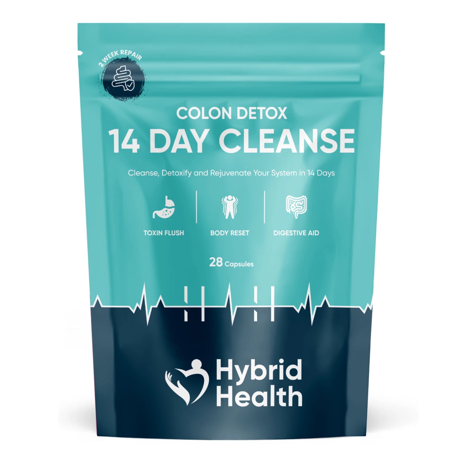 Teal package of Hybrid Health Colon Detox 14 Day Cleanse on a white background