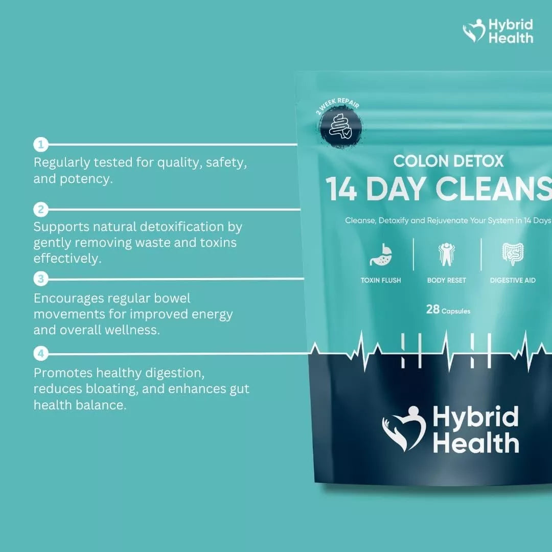 Hybrid Health Colon Detox 14 Day Cleanse package with features listed on a teal background