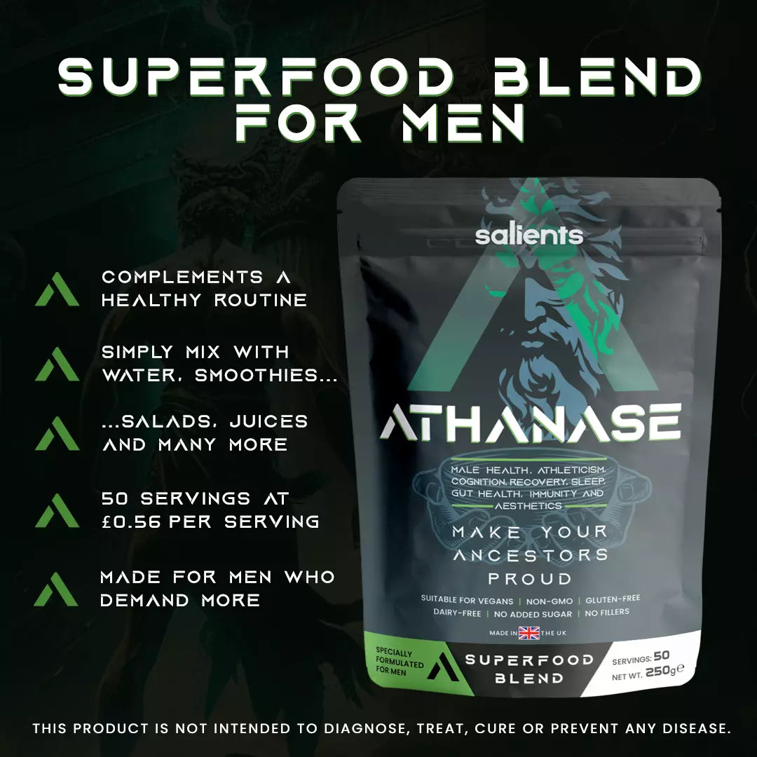 Athanase superfood blend for men packaging with product details on a dark background