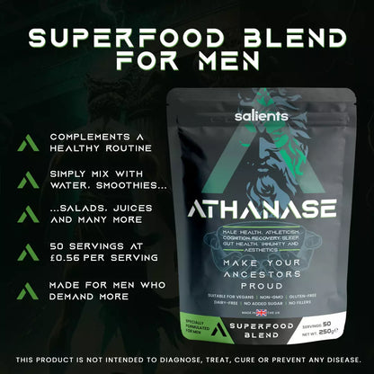 Athanase superfood blend for men packaging with product details on a dark background