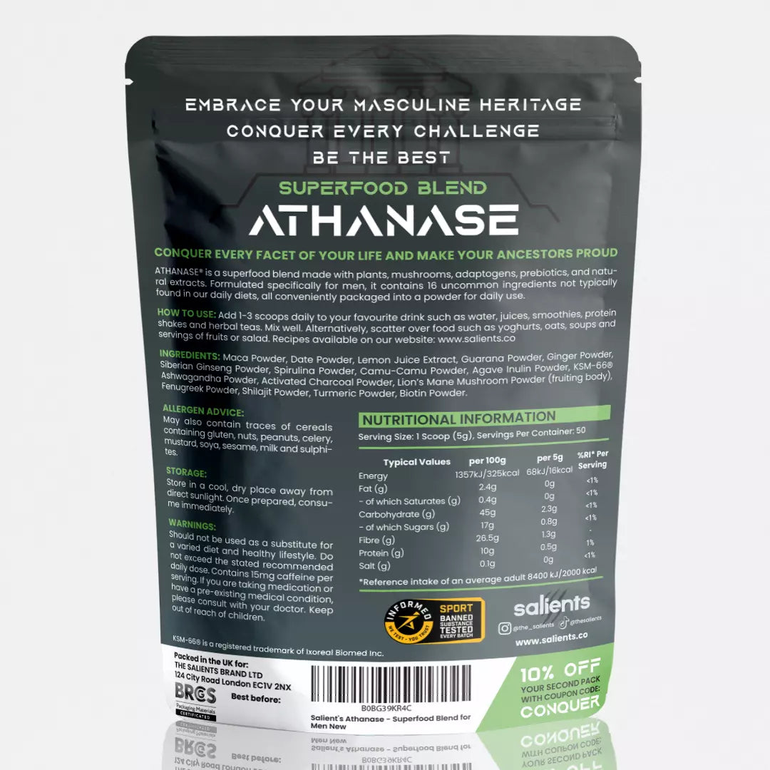 Athenase superfood blend package with text and branding on a gray background