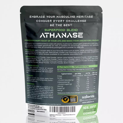 Athenase superfood blend package with text and branding on a gray background