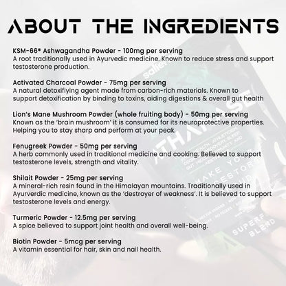 List of ingredients with their respective amounts per serving on a white background.