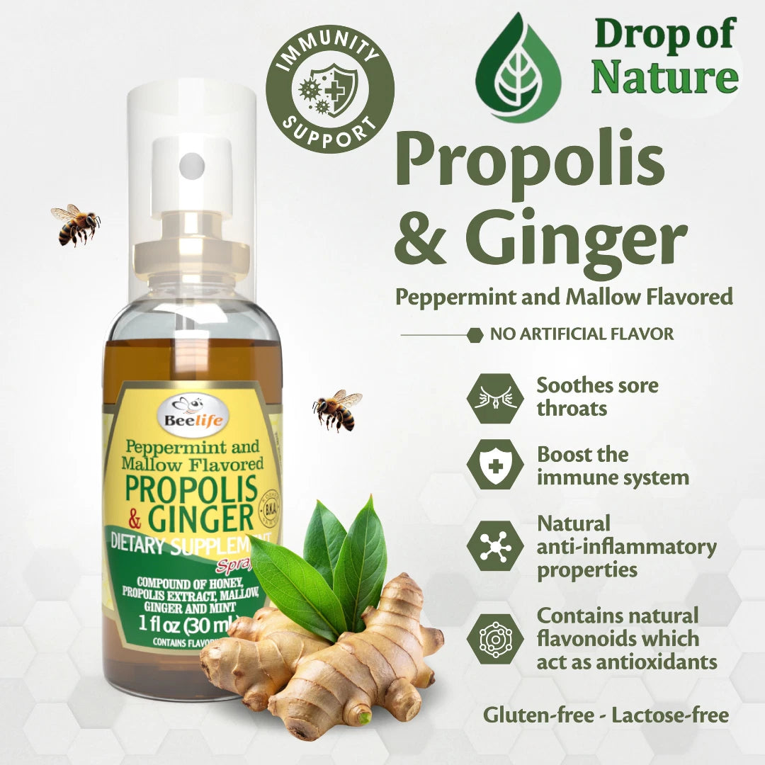 Bottle of propolis and ginger dietary supplement with text about its benefits on a light gray background.
