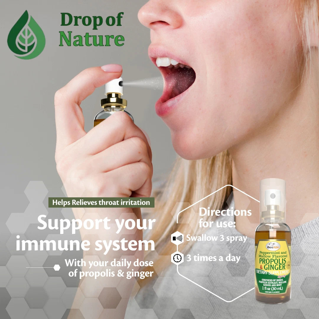 Person using a spray bottle labeled 'Drop of Nature' to relieve throat irritation and support immune system.