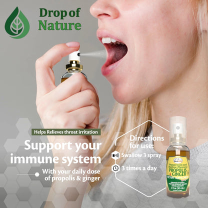 Person using a spray bottle labeled 'Drop of Nature' to relieve throat irritation and support immune system.
