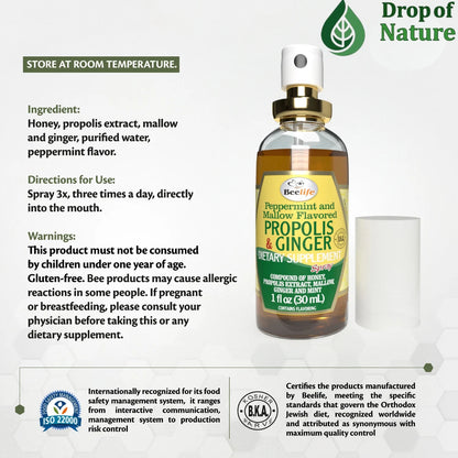 Bottle of BeeLife Propolis and Mallow Flavored Dietary Supplement with label and product details on a white background.