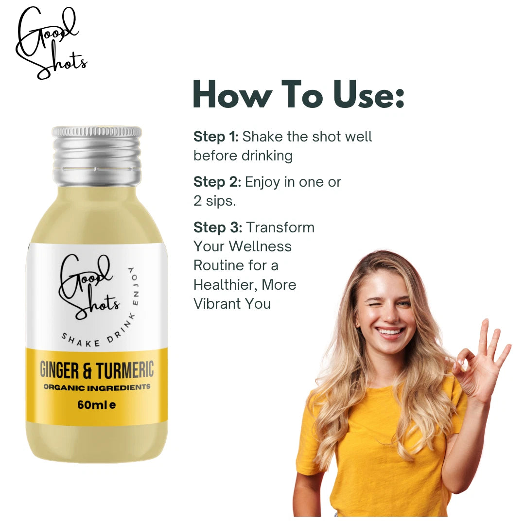Bottle of Good Shots Ginger & Turmeric shake with instructions and a smiling person in the background