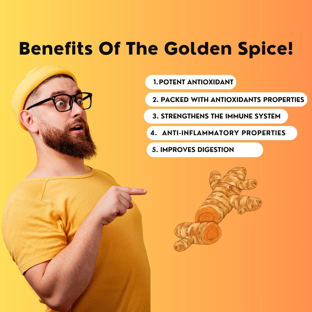 Person pointing to text about the benefits of turmeric on an orange background