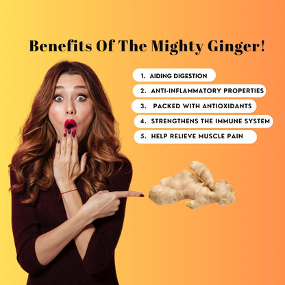 Woman pointing to a piece of ginger with text about the benefits of ginger on an orange background
