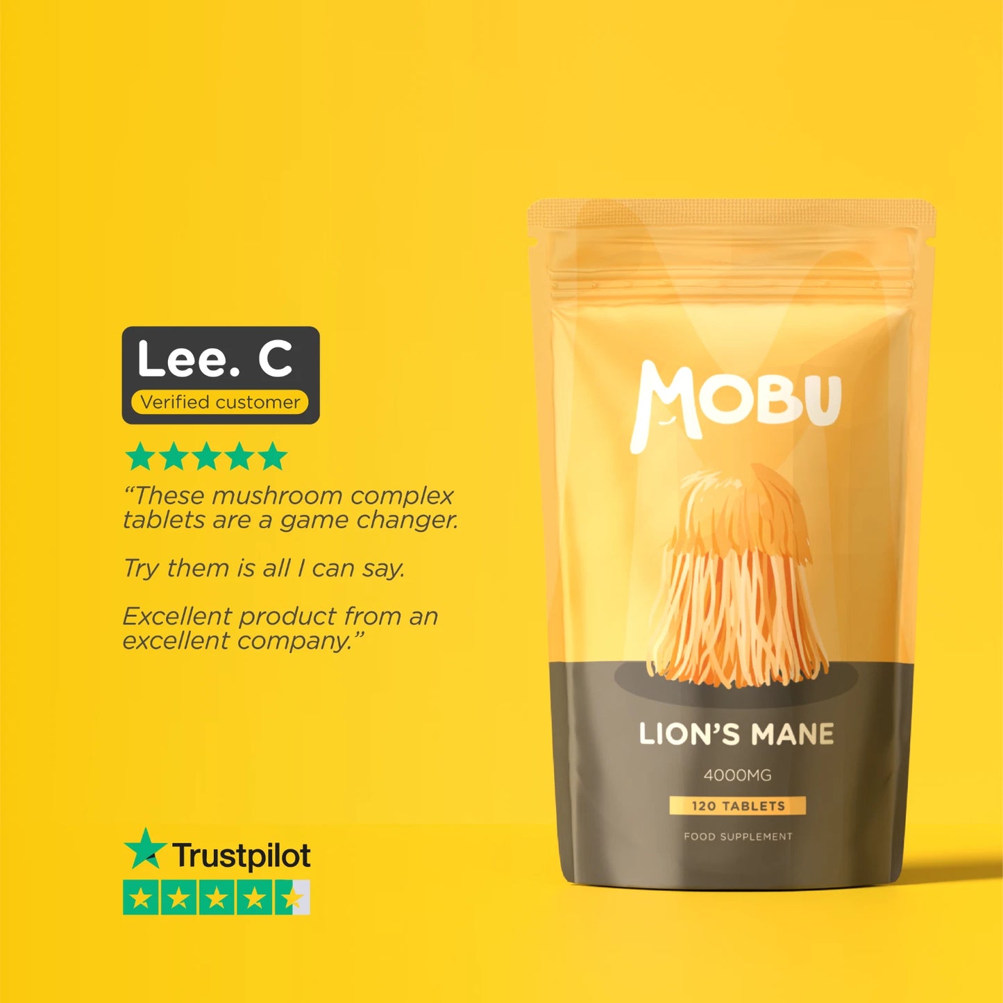 MOBU Lion's Mane supplement package on a yellow background with customer review text.
