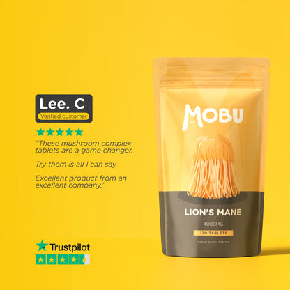 MOBU Lion's Mane supplement package on a yellow background with customer review text.