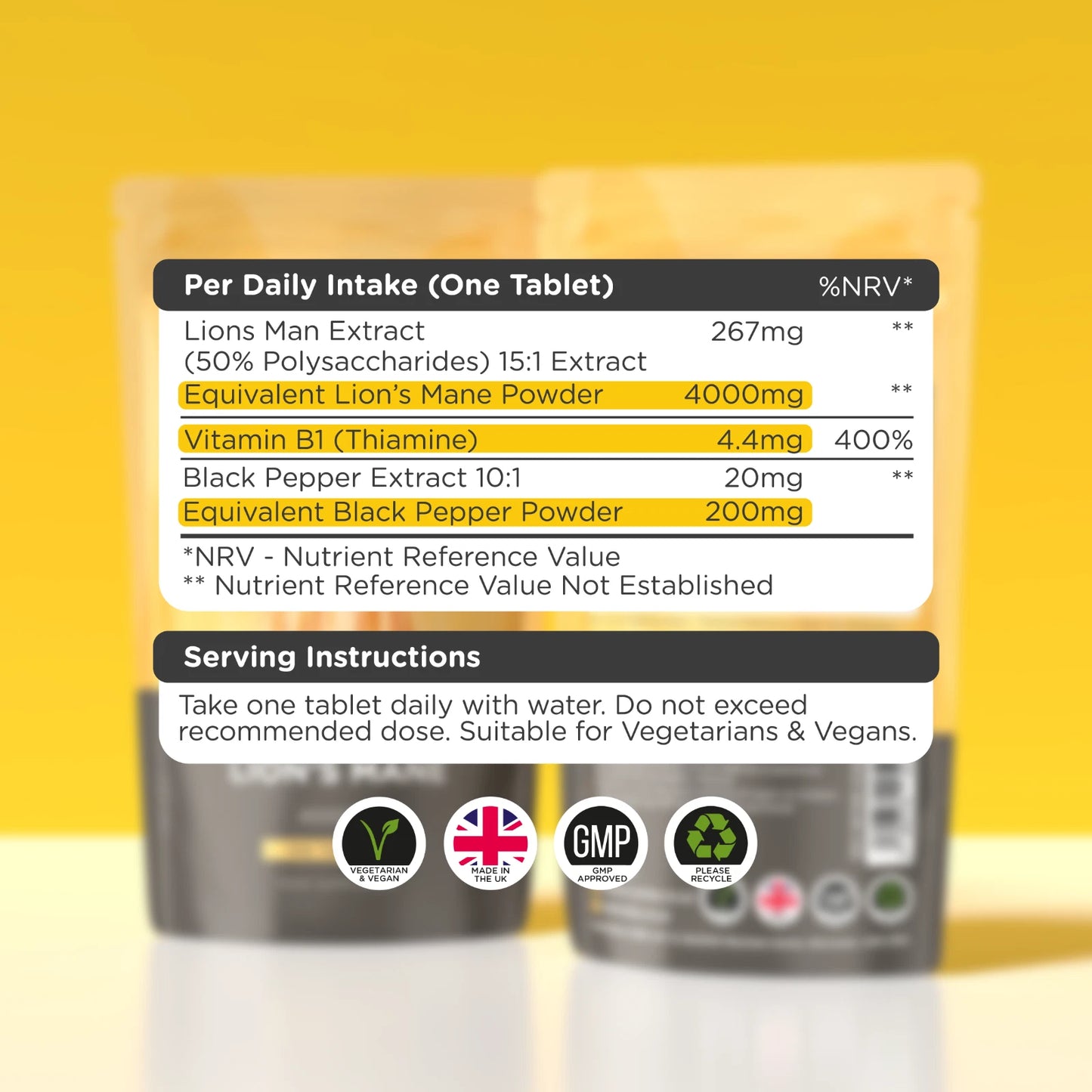 Supplement container with nutritional information on a yellow background