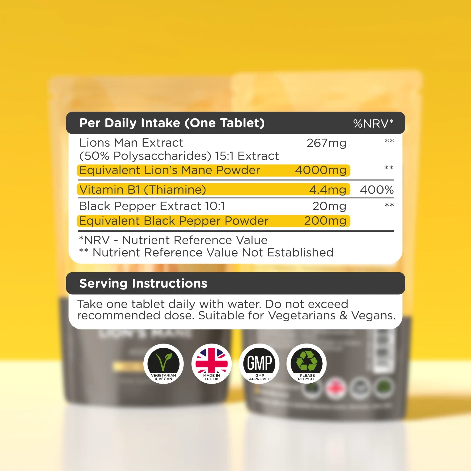 Supplement container with nutritional information on a yellow background