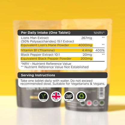 Supplement container with nutritional information on a yellow background