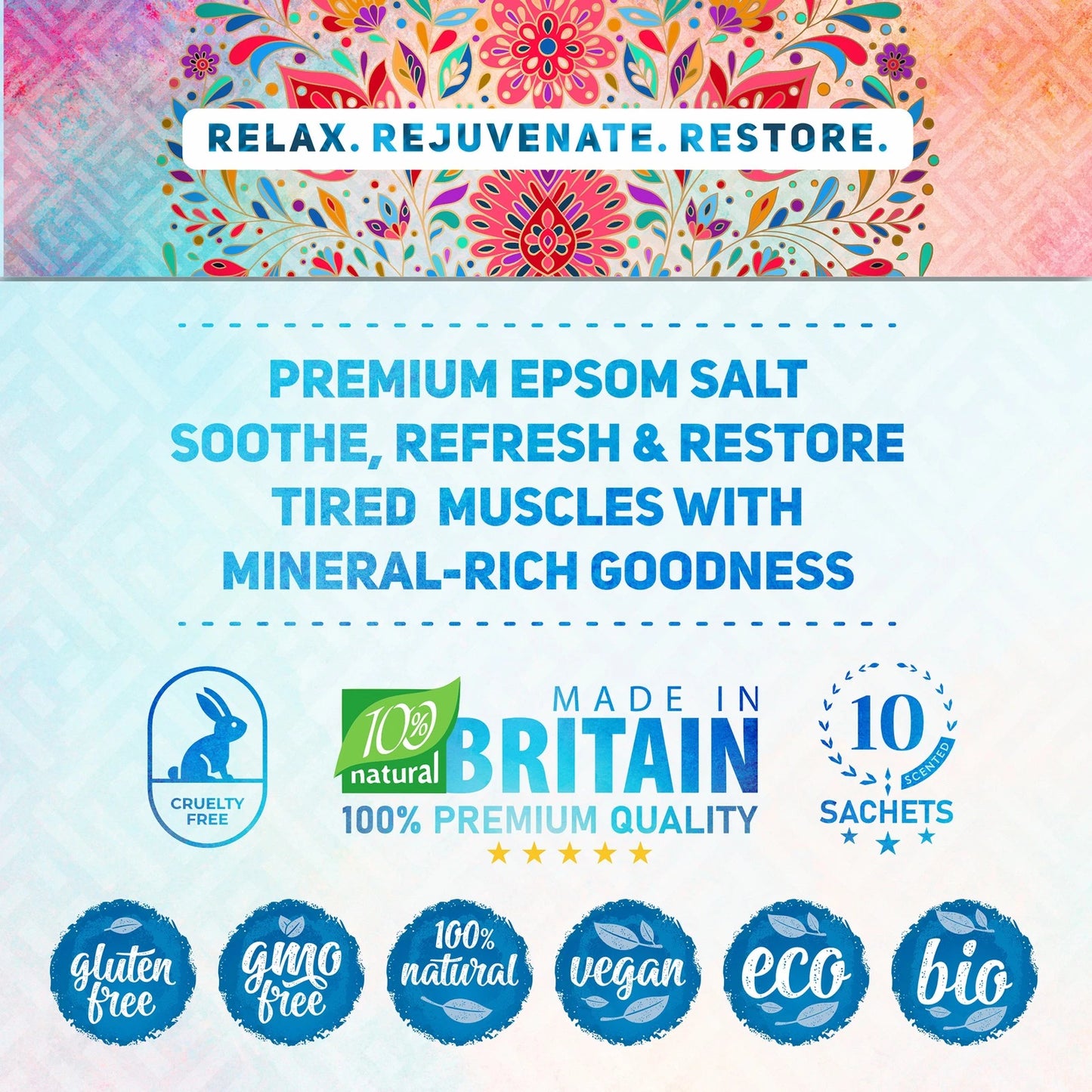 Promotional graphic for premium Epsom salt with branding and product information on a colorful background.