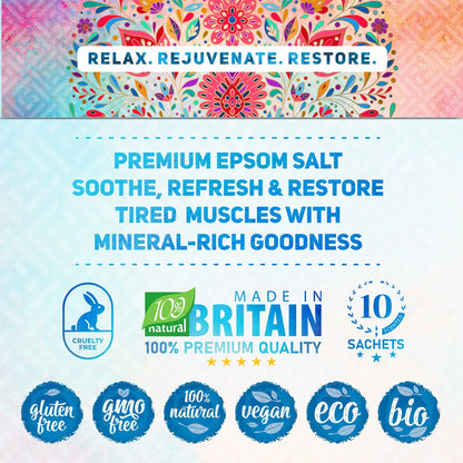 Promotional graphic for premium Epsom salt with branding and product information on a colorful background.