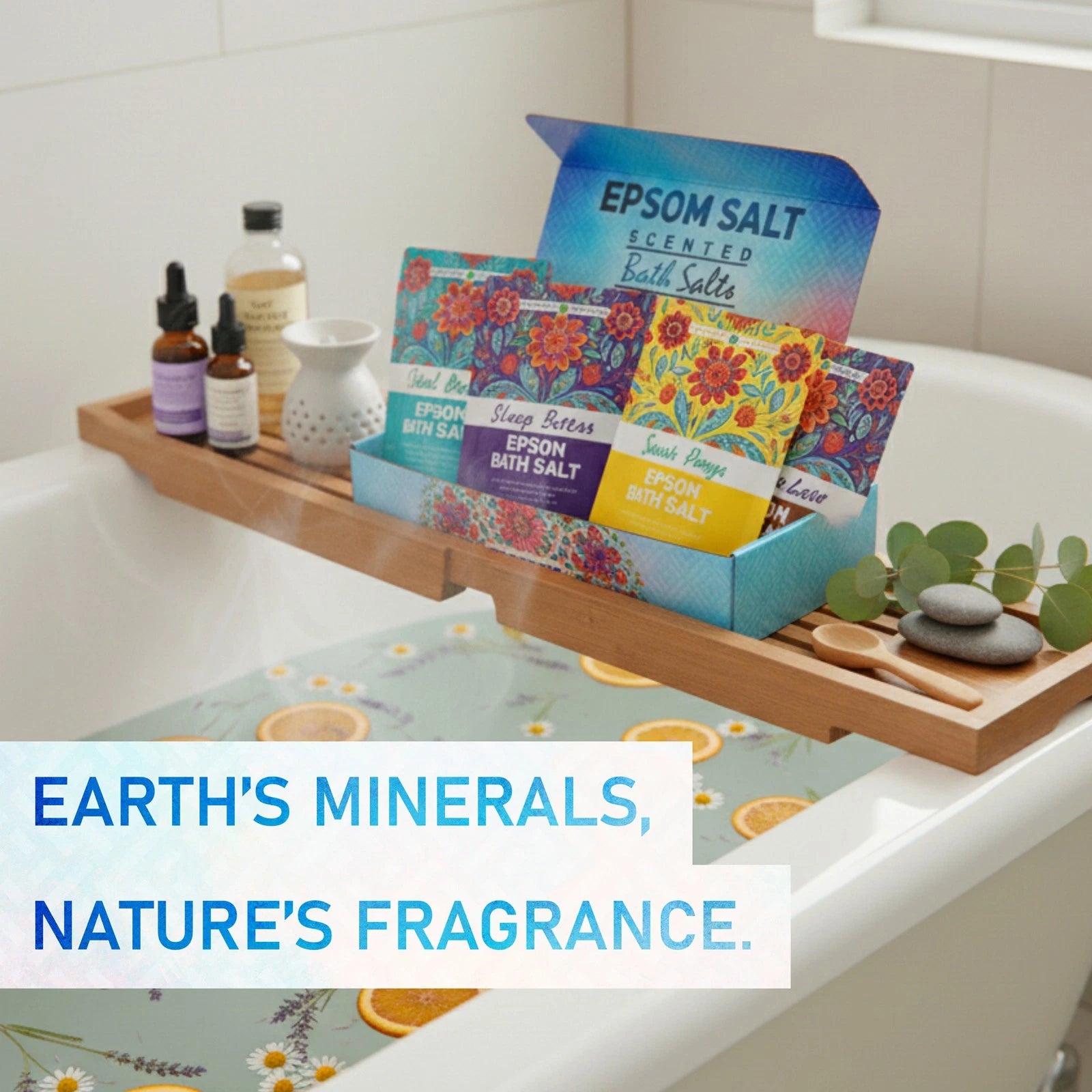 Bath caddy with Epsom salt packaging and bath products in a bathtub.