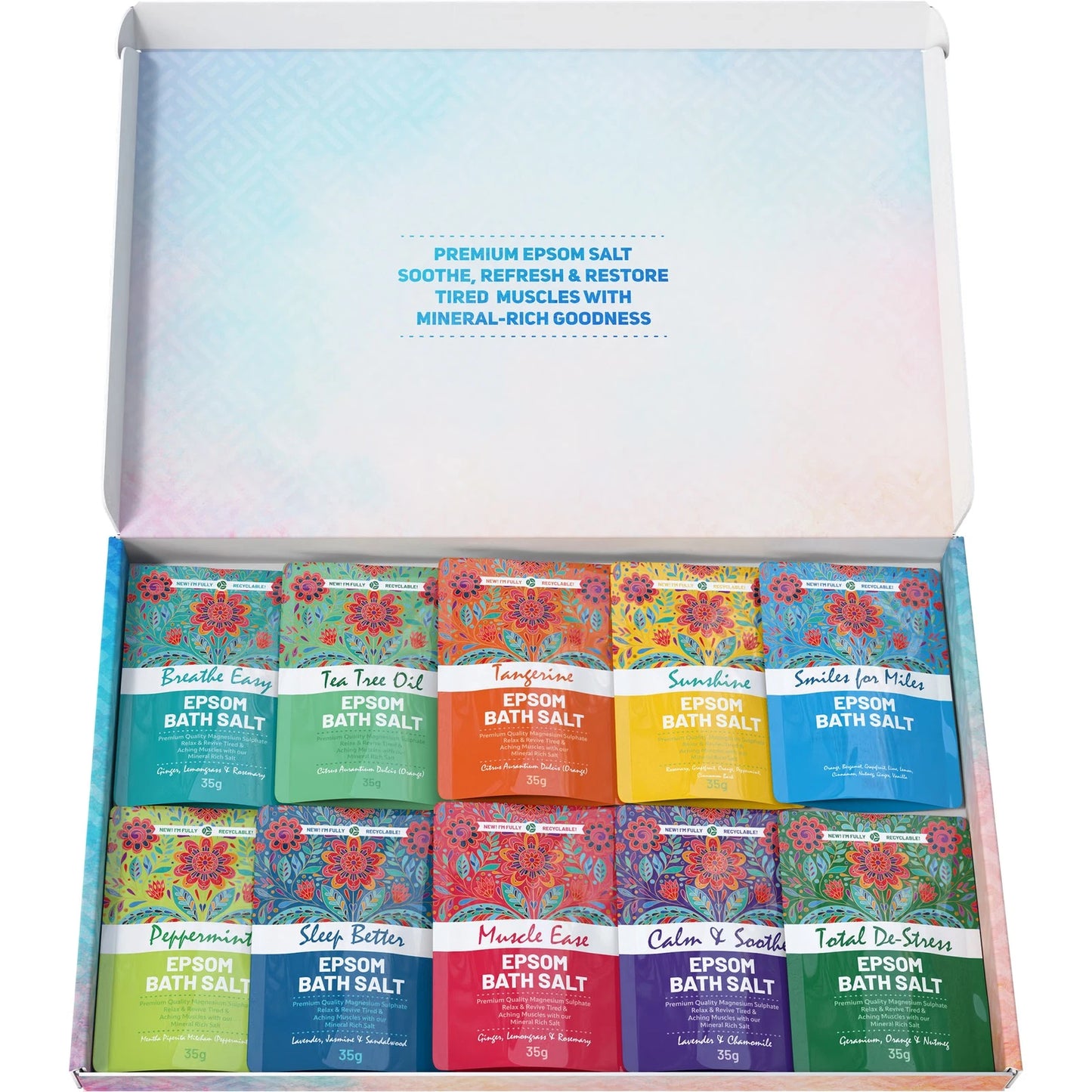 Box of Epsom bath salts with colorful packaging on a white background