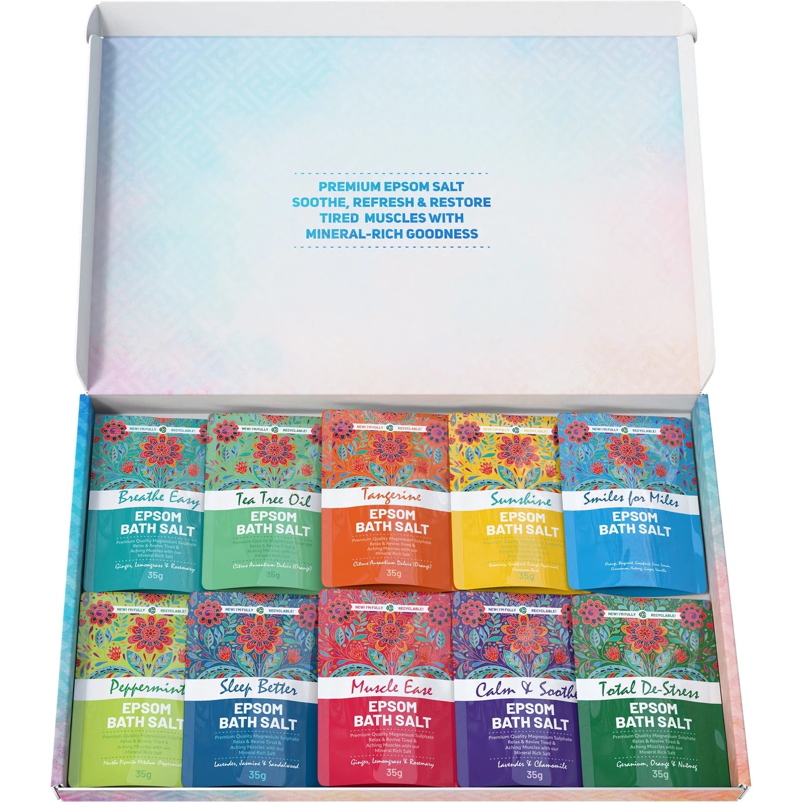 Box of Epsom bath salts with colorful packaging on a white background