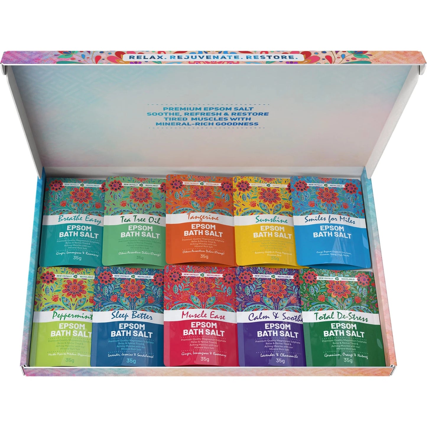 Box of Epsom bath salts with colorful packaging on a white background