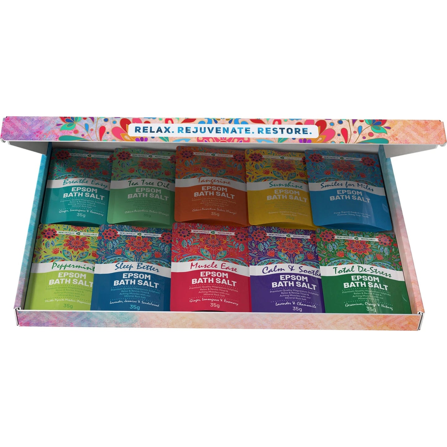 Box of Epsom bath salts with colorful packaging on a white background