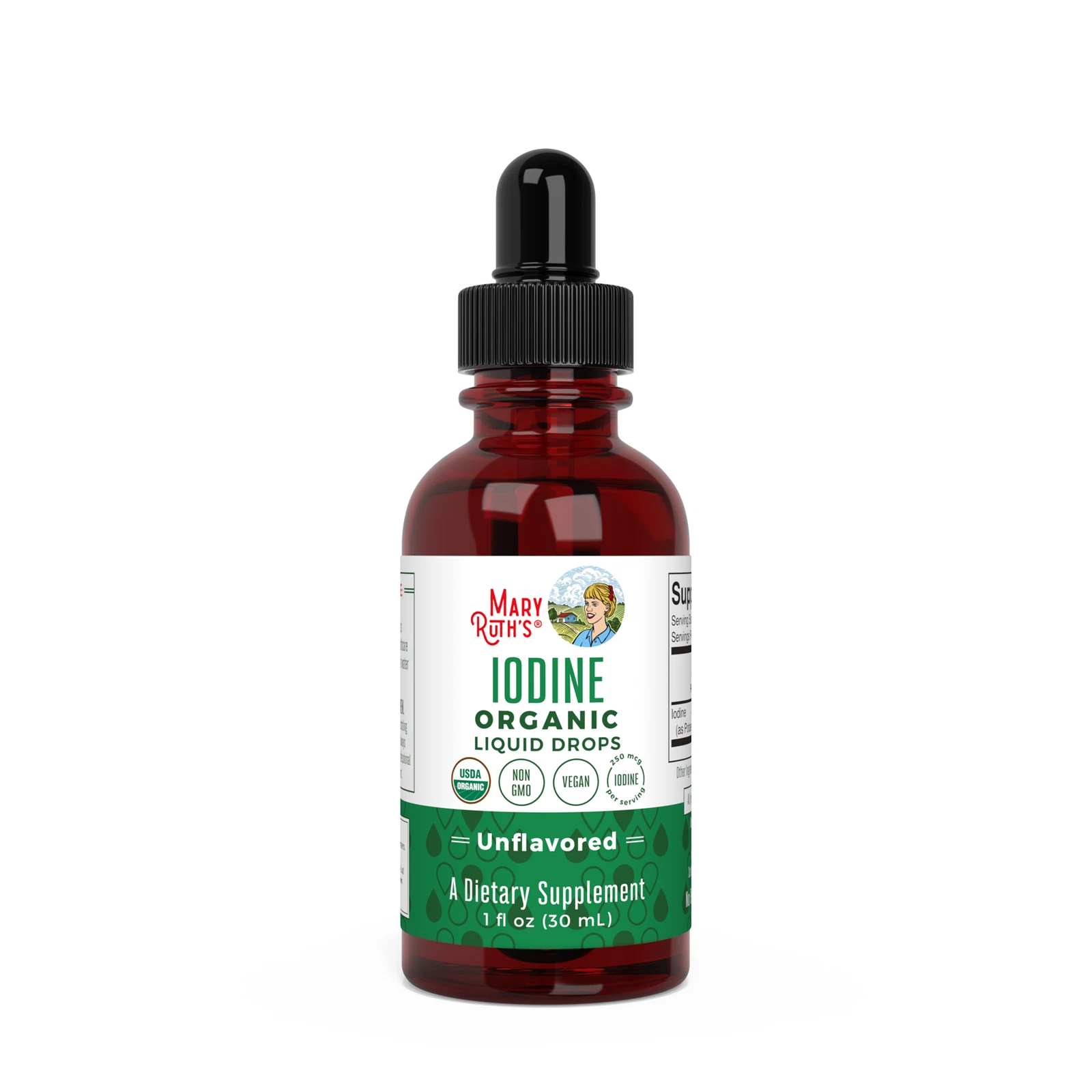 Bottle of Mary Ritter's Iodine Organic Liquid Drops on a white background