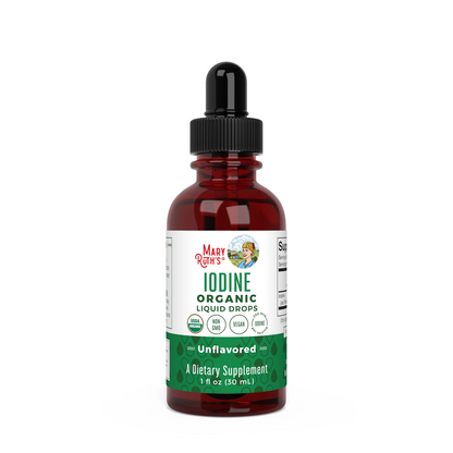 Bottle of Mary Ritter's Iodine Organic Liquid Drops on a white background