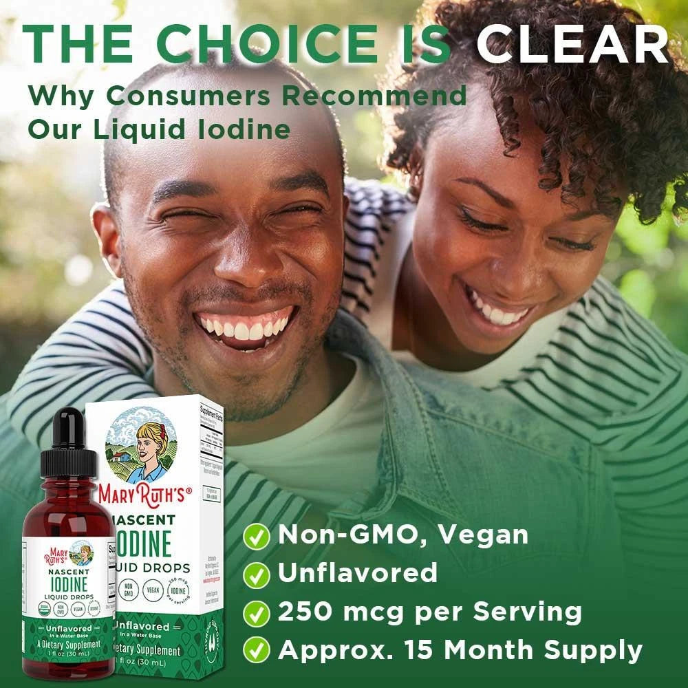 Advertisement for Mary Ruth's Liquid Iodine with a couple smiling outdoors, product packaging displayed.