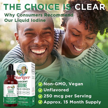 Advertisement for Mary Ruth's Liquid Iodine with a couple smiling outdoors, product packaging displayed.