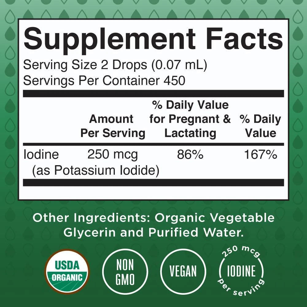Supplement facts label with iodine content on a green background