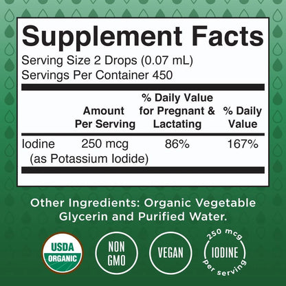 Supplement facts label with iodine content on a green background