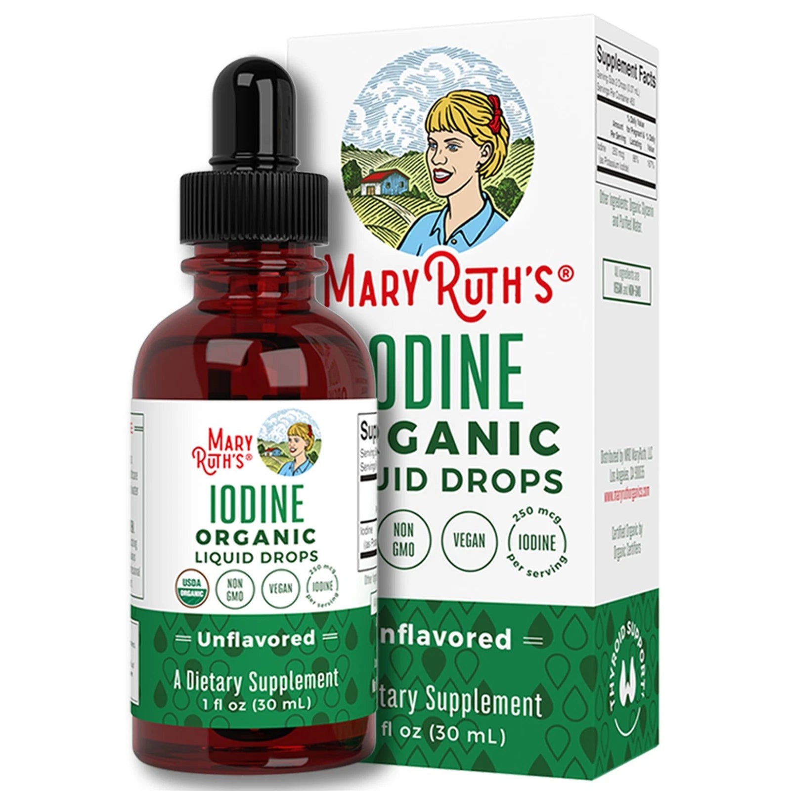 Mary Ruth's Iodine Organic Liquid Drops bottle and packaging on a white background