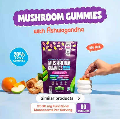 Mushroom gummies packaging with a hand holding a gummy, surrounded by fruits and a blue background.