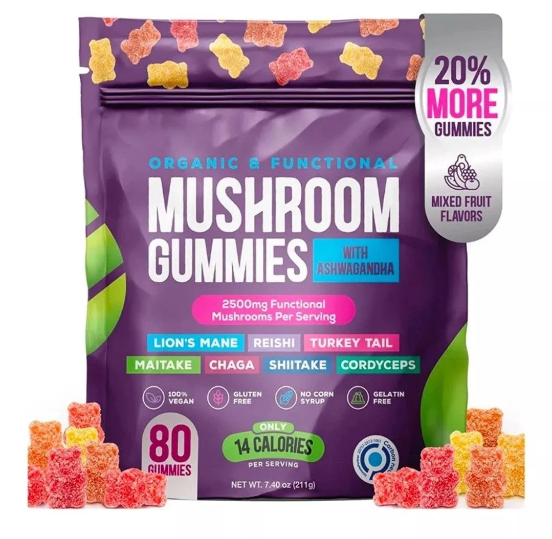 Packaging of mushroom gummies with colorful gummy bears on a white background