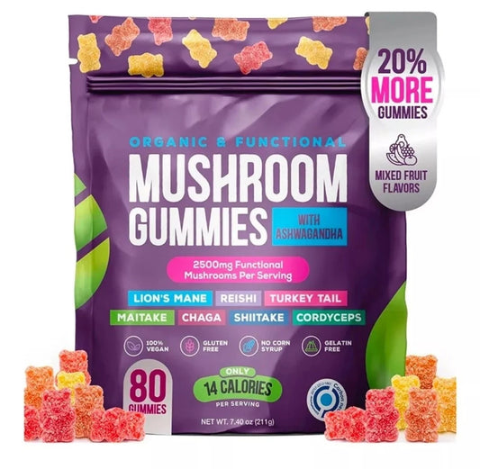 Packaging of mushroom gummies with colorful gummy bears on a white background