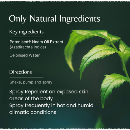 Product label with natural ingredients and usage instructions on a dark background with green leaves.