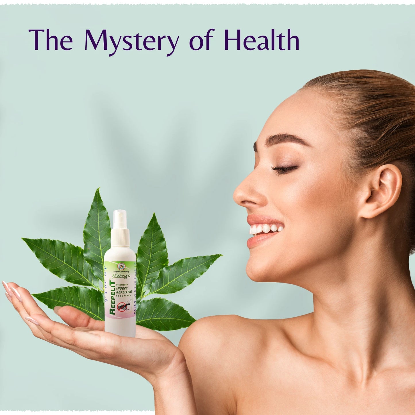Woman holding a bottle labeled 'Revelit' with green leaves on a light blue background, featuring text 'The Mystery of Health'.