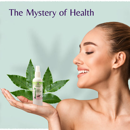 Woman holding a bottle labeled 'Revelit' with green leaves on a light blue background, featuring text 'The Mystery of Health'.