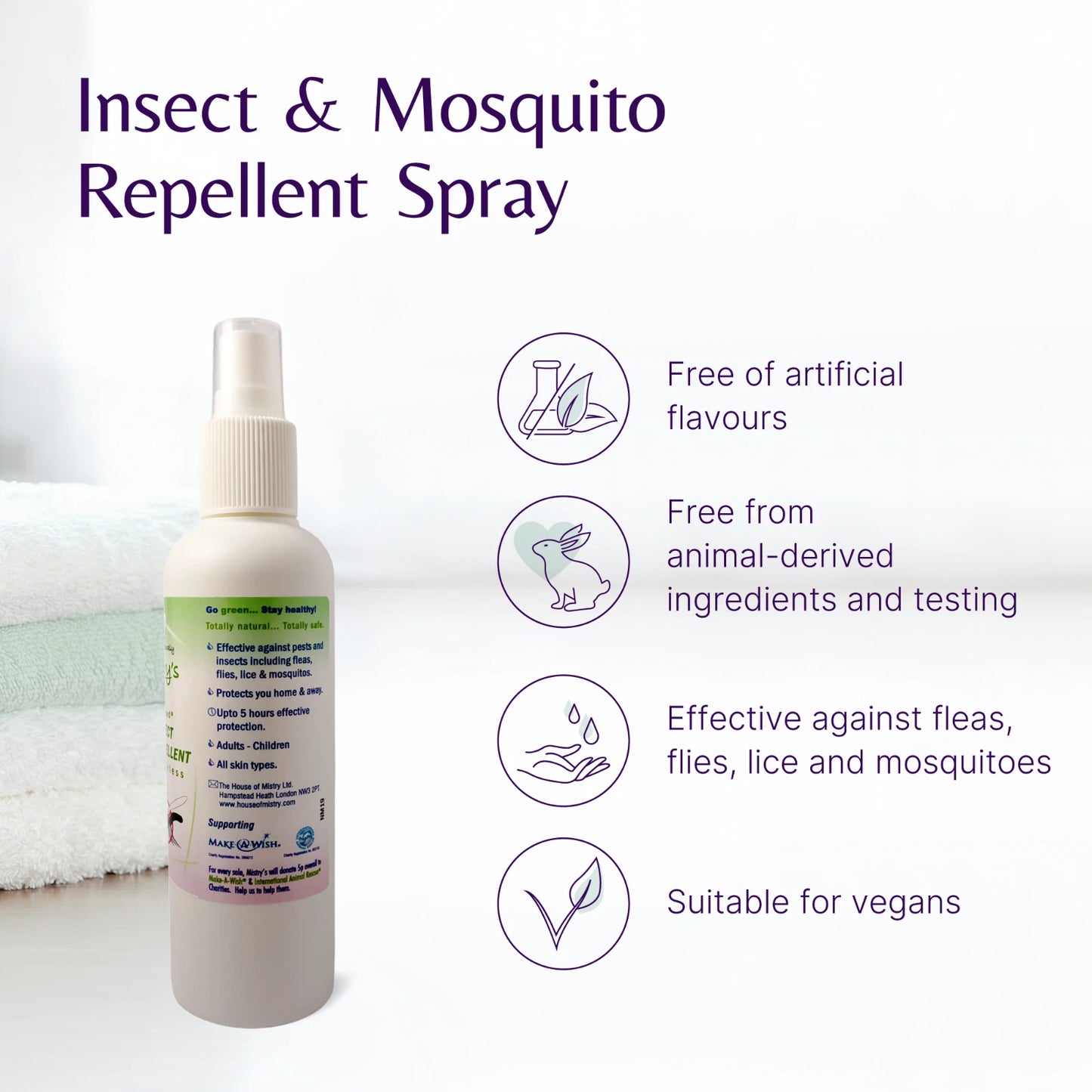 Insect and mosquito repellent spray bottle with product details on a white background
