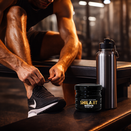 Person tying a shoe with a Shilajit jar and water bottle on a gym bench.