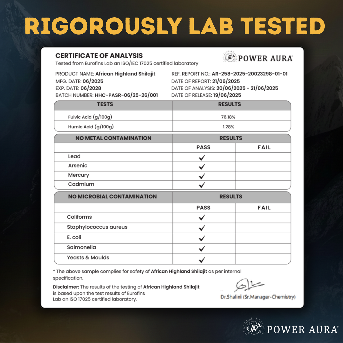 Power Aura certificate of analysis on a dark background