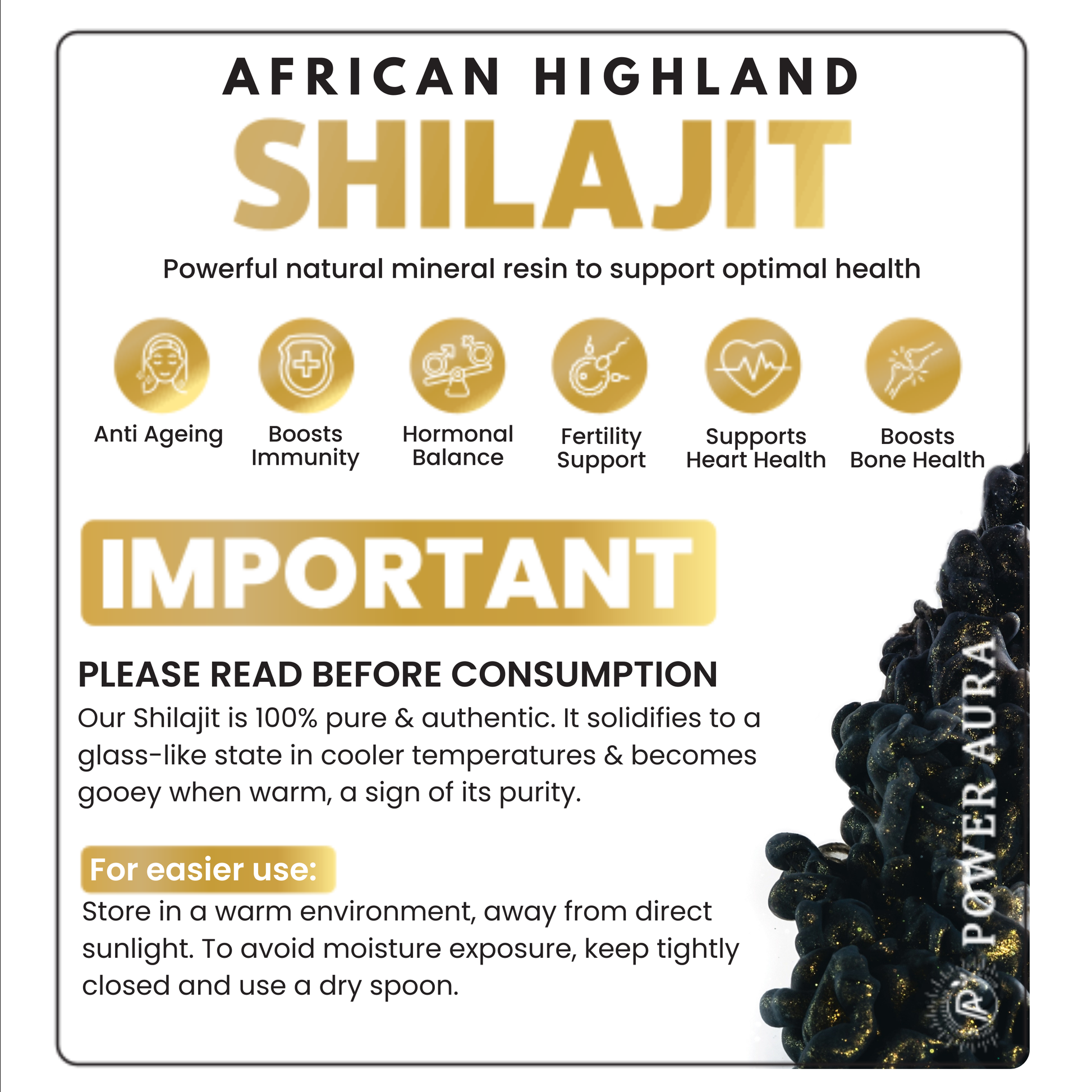 African Highland Shilajit product packaging with text and images on a white background