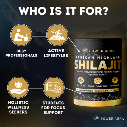 Product packaging of Power Aura African Highland Shilajit with target audience information on a dark background.