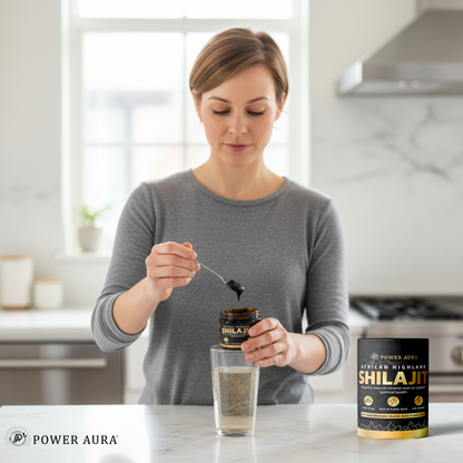 Woman in a kitchen pouring Shilajit into a glass with Power Aura branding.
