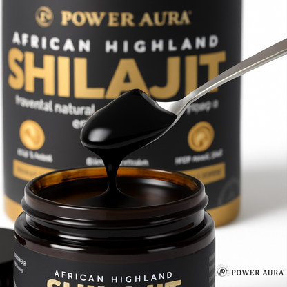 Power Aura African Highland Shilajit with a spoonful of the product over a jar.